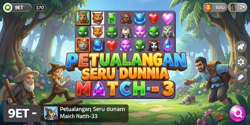 Tampilan gameplay seru dalam dunia 9ET dengan elemen Match-3.
