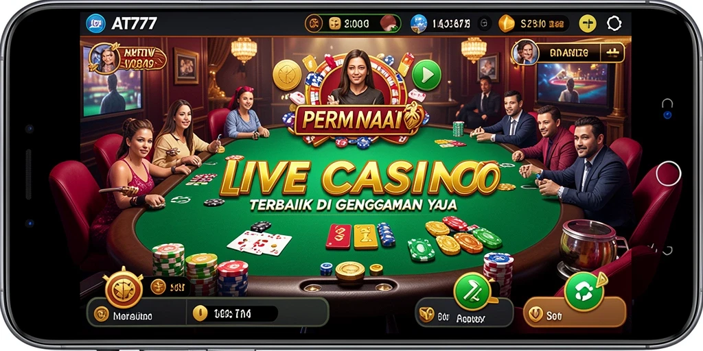 Screenshot gameplay Live Casino AT777 menunjukkan dealer langsung yang ramah dan permainan yang memikat.