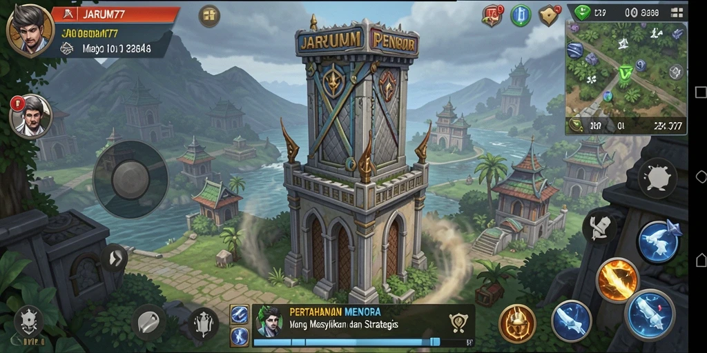Screenshot gameplay JARUM77 menampilkan menara pertahanan yang strategis dan aksi seru.
