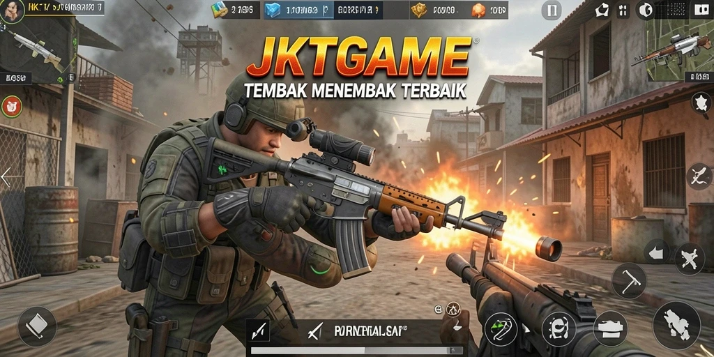 Tampilkan gameplay seru JKTGAME dengan berbagai senjata dan mode.