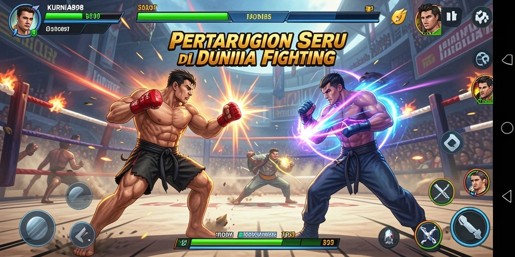 Screenshot gameplay KURNIA898 menampilkan pertarungan penuh aksi dengan karakter beragam.