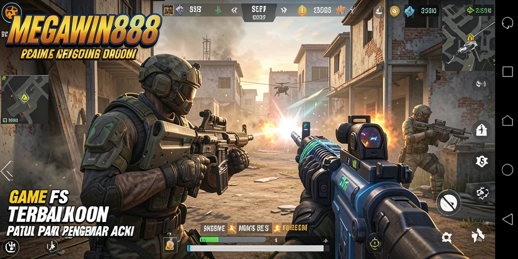 Screenshot utama dari gameplay <strong>MEGAWIN888</strong> menampilkan aksi tembak-menembak yang seru.