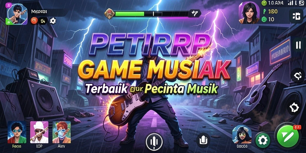 Tampilan gameplay <strong>PETIRRP</strong> dengan alat musik virtual yang interaktif.